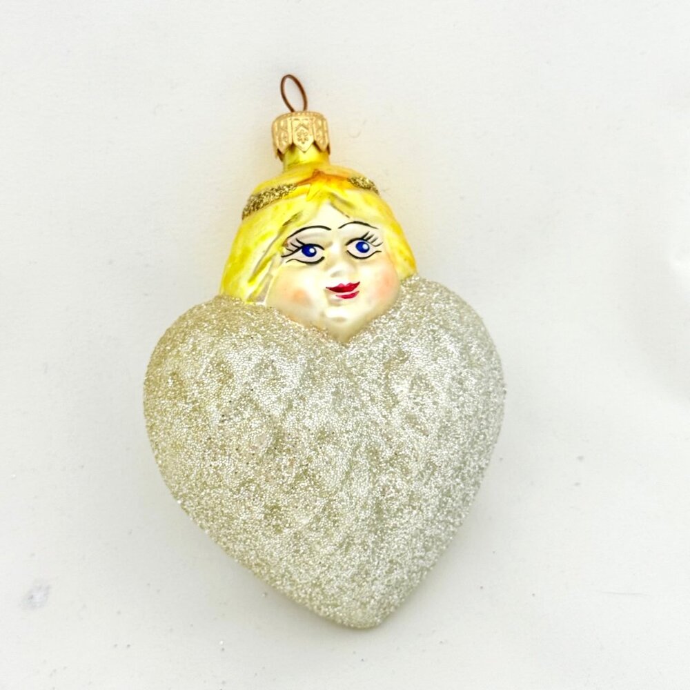 Vintage Blown Ornament With Glitter & Hand-Painted Angel Face Poland